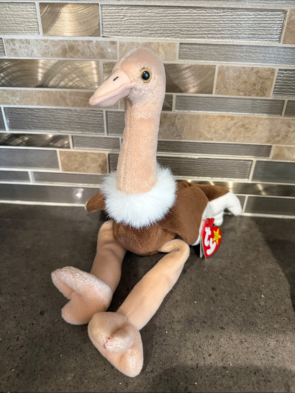 Vintage Ty “Stretch” the Ostrich in Brown, Cream & White DOB September 21, 1997